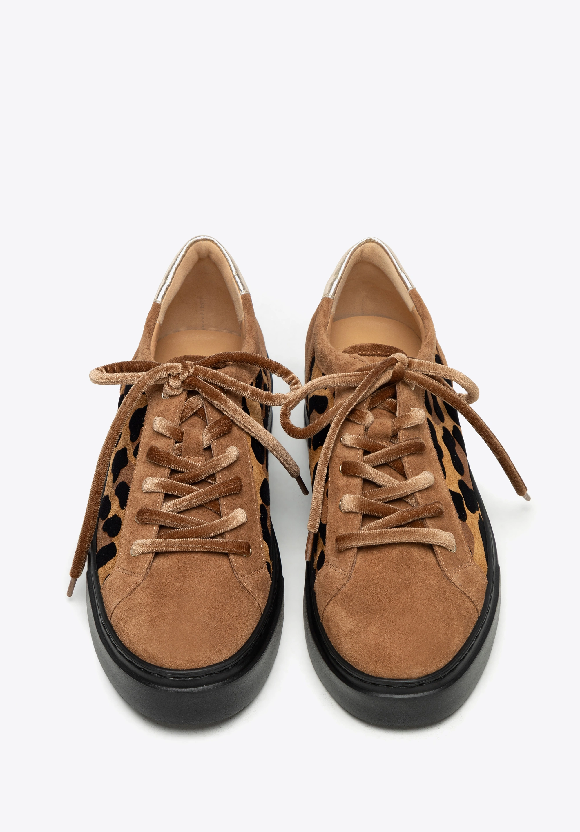 Damskie sneakersy ze skóry zamszowej w motyw panterki brązowe
