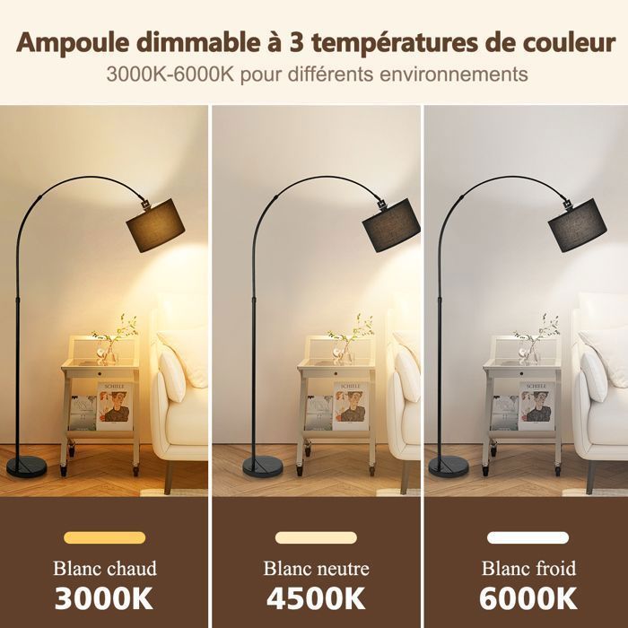 Lampada da terra ad arco - 7MAGIC - FL2009 - 3 temperature di colore - Nero - Design contemporaneo