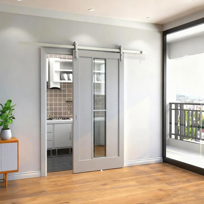 Herrajes sencillos para puerta corredera de granero con riel colgante y rodillos - YIYI - 200 cm - Blanco