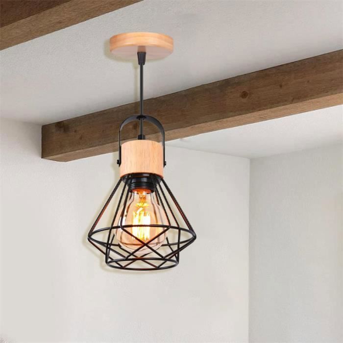 IDEGU Suspension Luminaire Industrielle, 16CM Vintage Lustre Suspension en Fer et Bois Rétro Cage Design Noir pour Salon Chambre