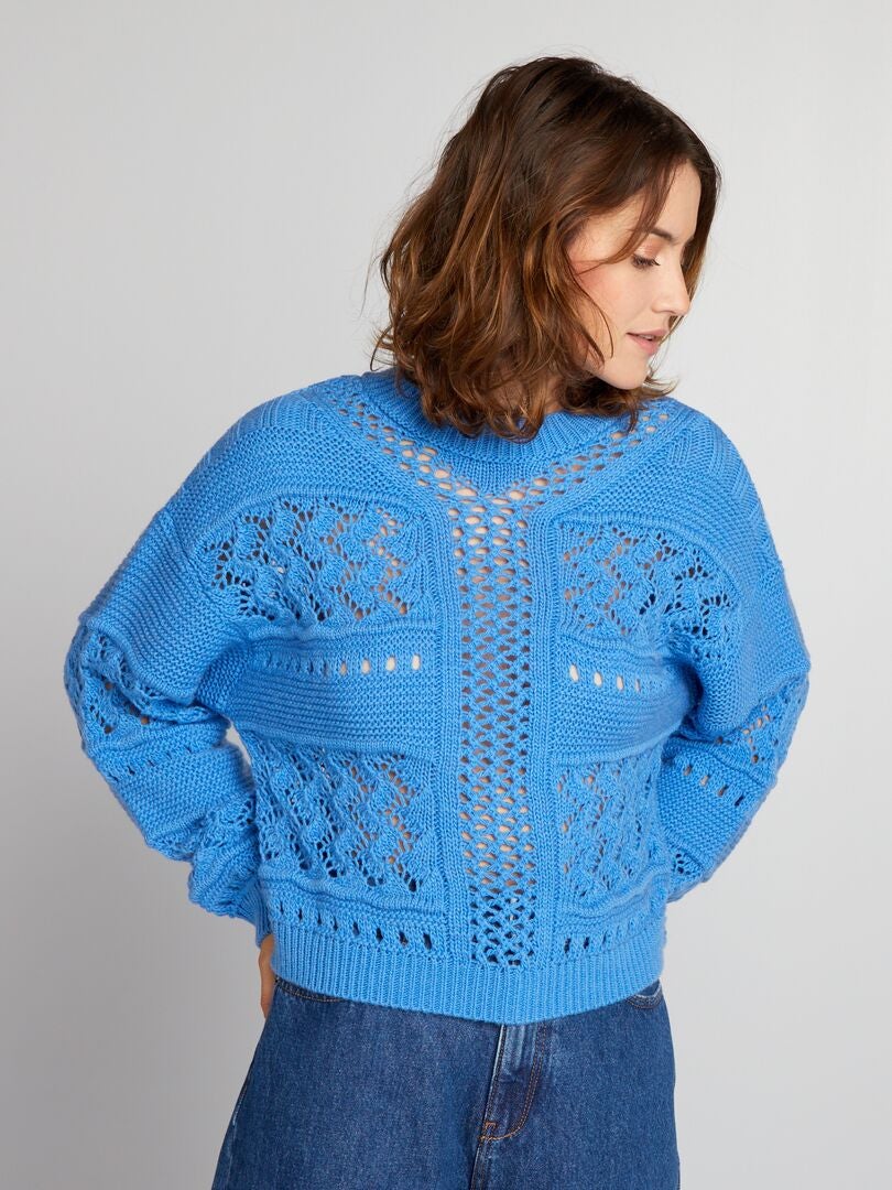 Sweter z ażurową dzianiną - NIEBIESKI