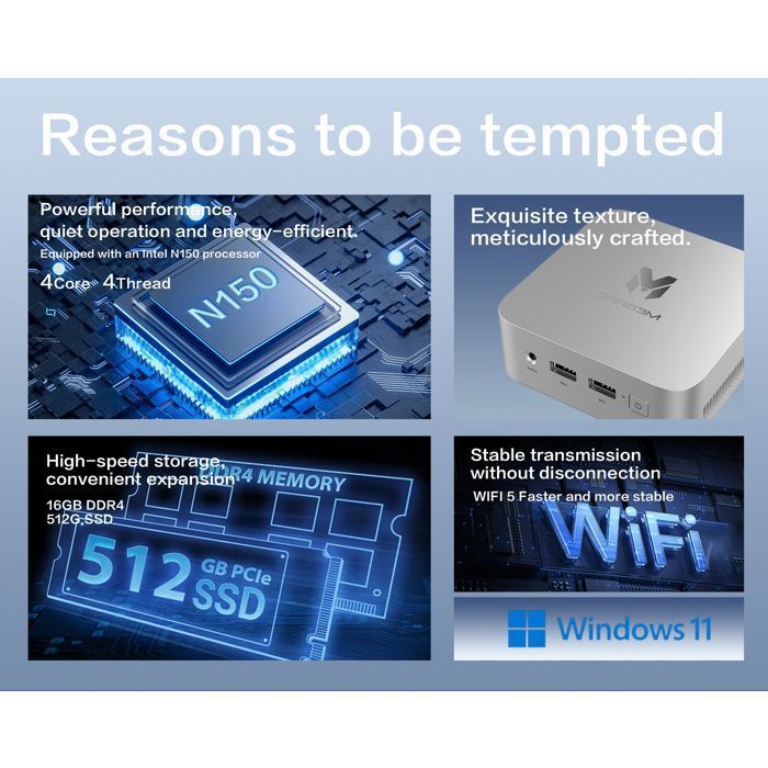 Mini PC N150 ACMINE Windows 11/Linux-16G DDR4 512GB SSD(4C/4T, Up to 3.4GHz)-Dual-Screen 4K Output,WiFi-5,BT5.0