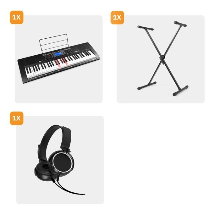 Max Rhapdosy61L - Teclado eletrônico com 61 teclas iluminadas, fones de ouvido e suporte inclusos - Ideal para iniciantes