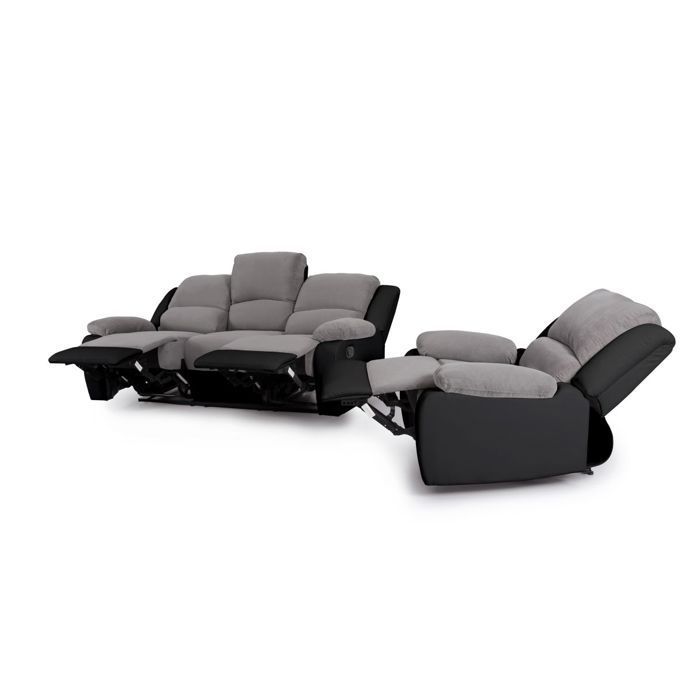 Ensemble de Canapés Relaxation manuel 3 places et 1 place Microfibre Grise / Simili Noir LEO - LOUNGITUDE