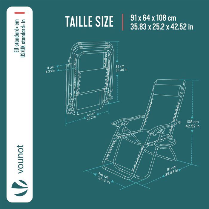 Tumbona reclinable plegable VOUNOT® de Textilene con portavasos - Carga máxima 120 kg - Negra