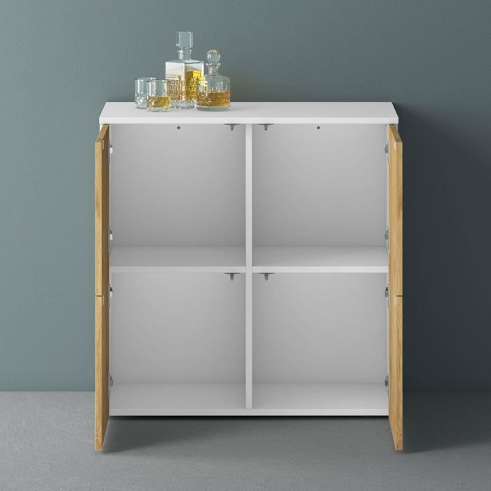 Mai & Mai Meuble de Rangement avec 4 Portes et 4 Compartiments Blanc Mat + Marron Clair 76x36,4x74 cm SR04