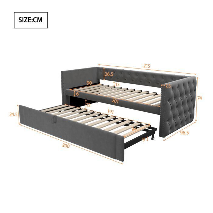Lit banquette convertible en velours gris avec capitonnage, sommier à lattes