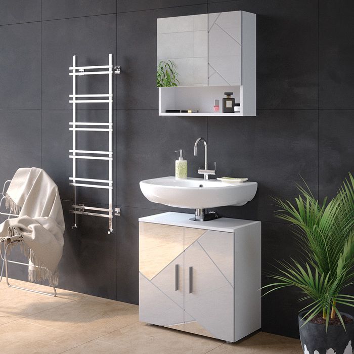 Conjunto de muebles de baño Irma de 2 piezas, mueble bajo de 60 cm, blanco brillante con inserciones Vicco 39661