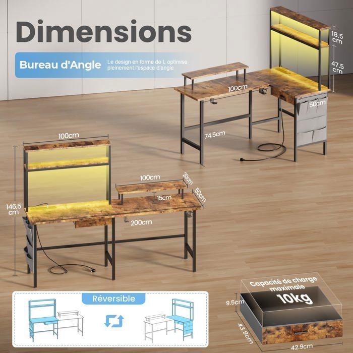 HLONONE , 150 x 100cm Bureau d'angle Gaming en L avec LED, avec Prise Intégrée & Port USB,avec Tiroir, Sac de Rangement, Marron