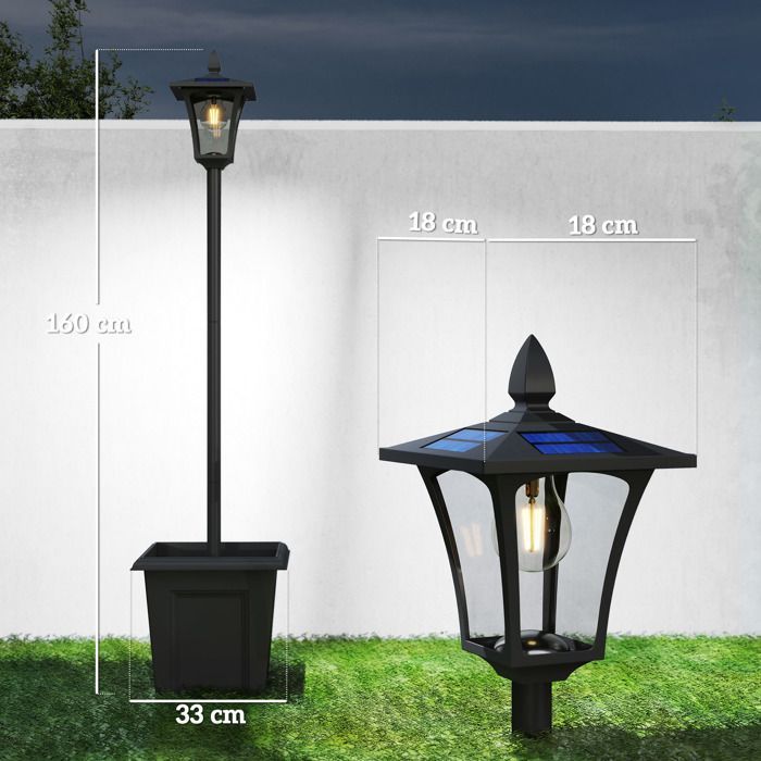 Lampada solare da terra per esterni Outsunny - Luce LED impermeabile - con fioriera - Alluminio - 160 cm - Nera