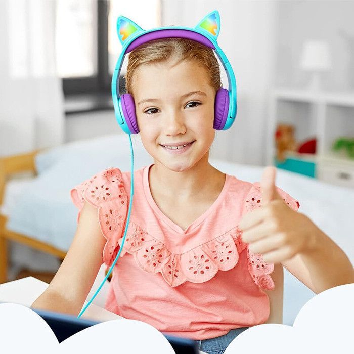 SHARPHY Casque pour enfants écouteurs pour fille pliable lumineux vert violet haute qualité mode cadeau oreilles de chat
