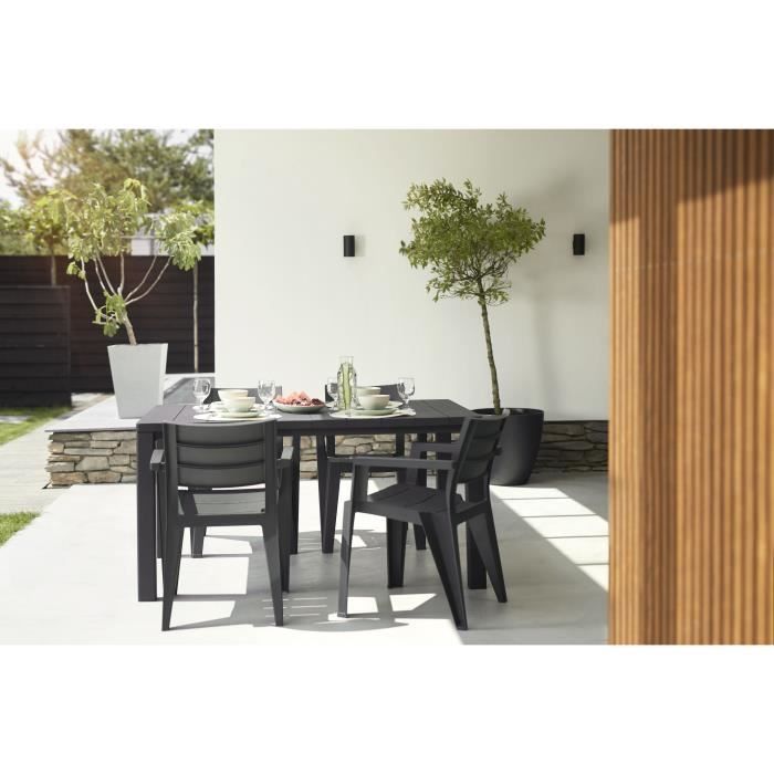 Mesa de jardim retangular, cinza grafite, resina com acabamento em madeira, acomoda de 4 a 6 pessoas, modelo Julie, da marca Allibert, fabricada pela KETER.