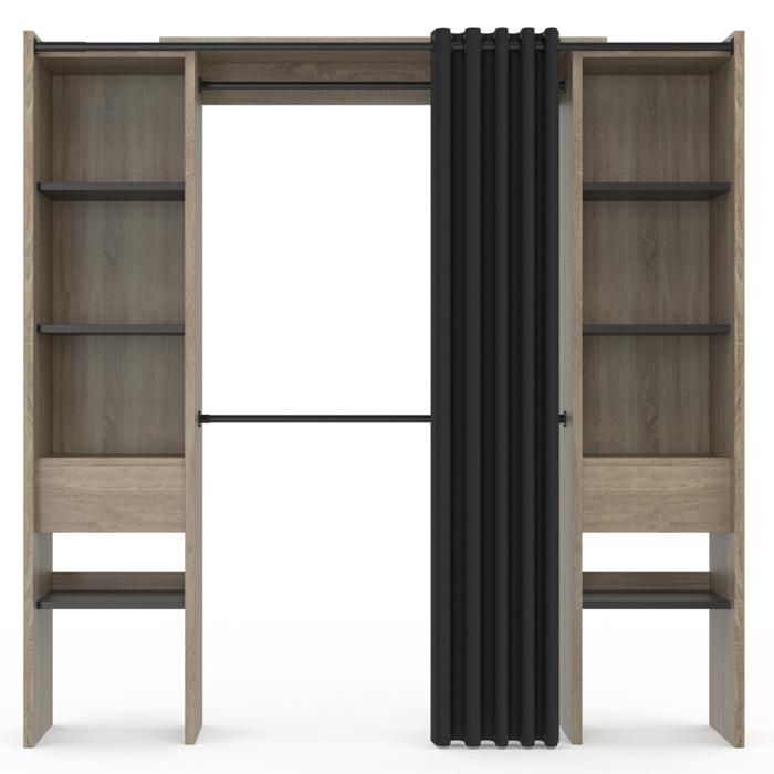 IDMARKET Dressing extensible double MERYL 120/180 x 50 x 180 cm hêtre avec étagères hêtre + double penderie + rideau noir