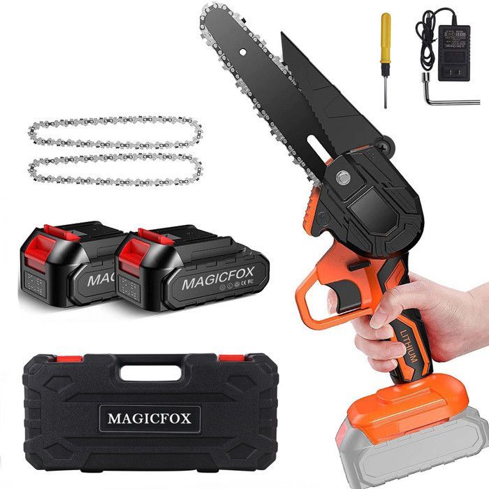 Magicfox draadloze oplaadbare elektrische kettingzaag 4.0Ah, met 2 x 15 cm kettingen en 2 accu's voor het zagen van takken en hout.