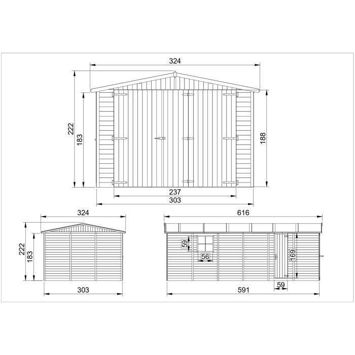 Garaje de madera natural - 222 x 616 x 324 cm / 18 m² - Construcción de paneles - TIMBELA M102