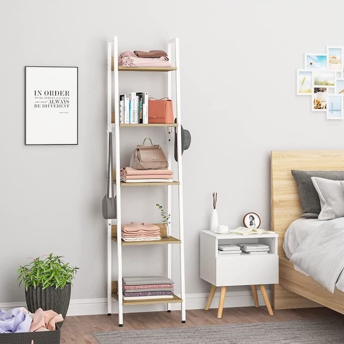 Scaffale a scala WOLTU, scaffale portaoggetti a 5 ripiani con 4 ganci rimovibili, struttura in metallo, bianco 40x170x36cm