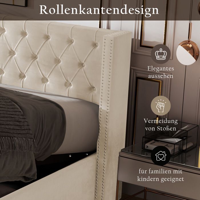 Letto contenitore - TKOPY - Letto matrimoniale per adulti 180x200 cm, letto imbottito con rete a doghe e vano contenitore, velluto beige