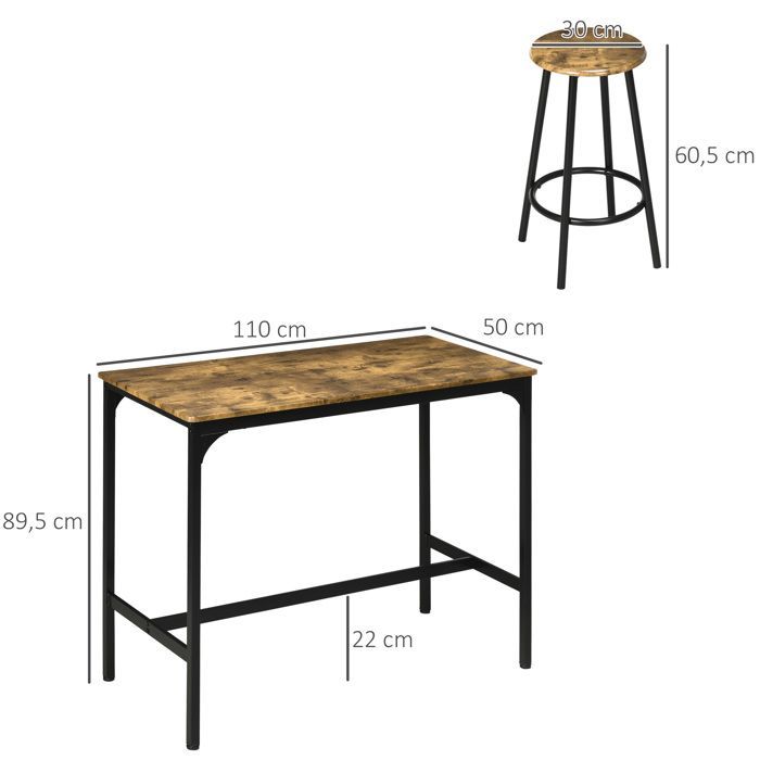 HOMCOM - Mesa alta y 4 taburetes - Metal - 110x50x89,5cm - Marrón