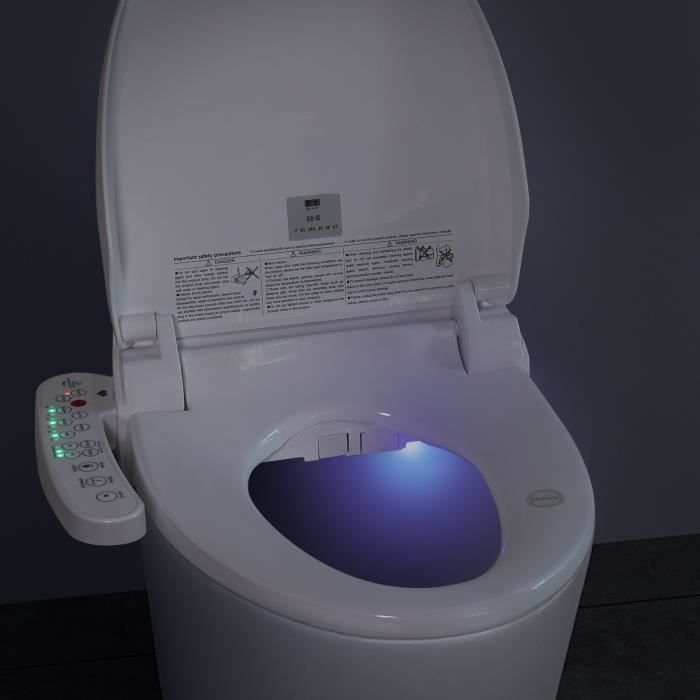 Asiento de inodoro inteligente con boquilla, pantalla LCD, temperatura ajustable, secado con calor y tapa de inodoro blanca.