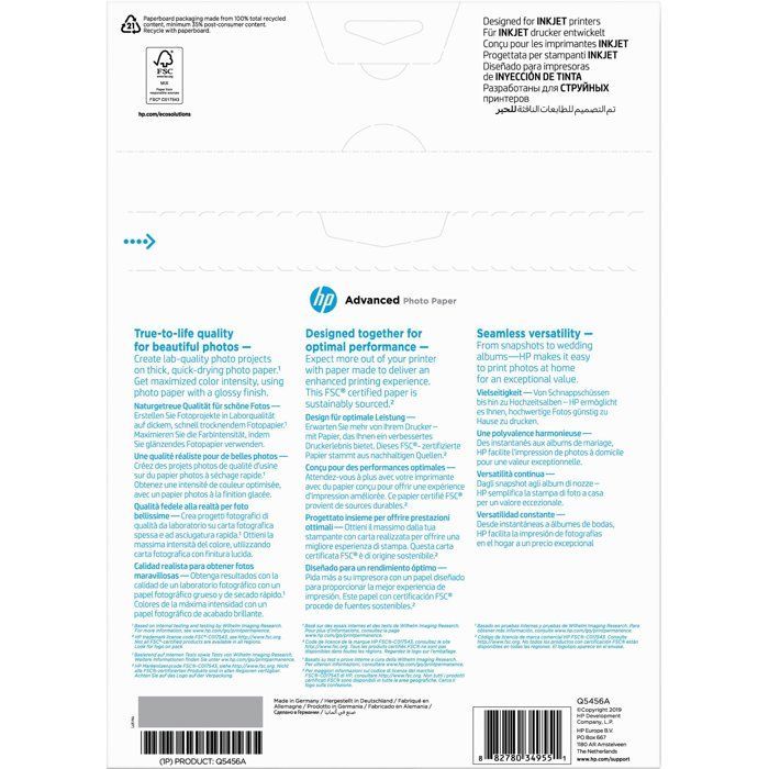 Papel fotográfico brilhante HP Advanced - 25 folhas/A4/210 x 297 mm (Q5456A)
