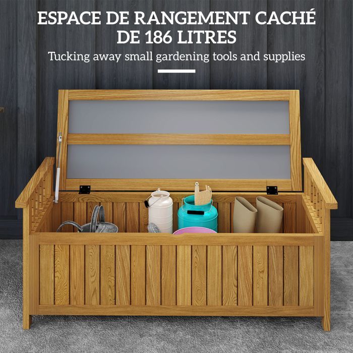 Banc de jardin - Outsunny - 2 places - rangement de 151L - accoudoirs - en bois - charge 240 kg - 128,5 x 52 x 53,5 cm - marron