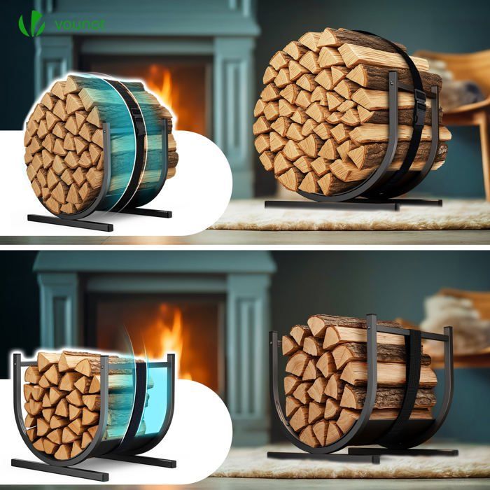 VOUNOT® Range bûche avec sangle de sécurité 41x37x39,5cm - Porte bûche en métal pour chéminée - Support à bois noir