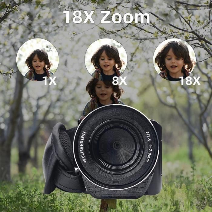 Videocámara digital, resolución 4K, resolución de 56 MP, pantalla HD de 3 pulgadas, resistente al agua, zoom de 18x, portátil, color negro.