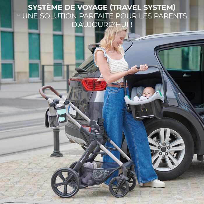 Poussette 3 en 1 Combinée Kinderkraft MOOV2 AIR, Système de voyage de la naissance à 27 kg, Siège auto Mink PRO I-Size inclus, Gris