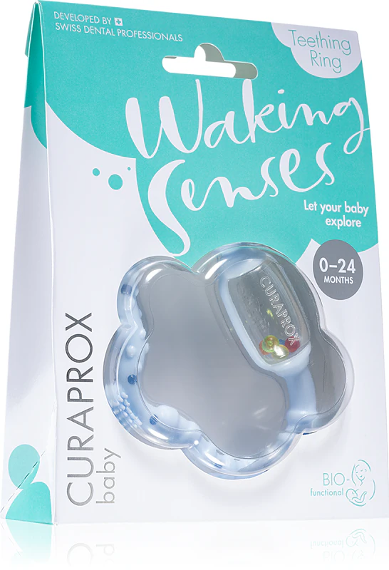 Curaprox Baby Waking Senses hryzátko s masážnou kefkou a hrkálkou
