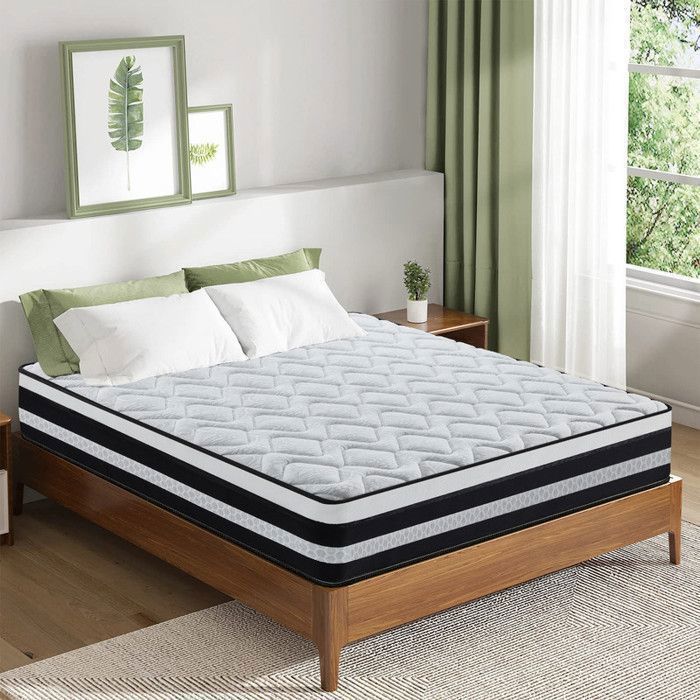 Matras 160x200 cm, 28 cm dik, traagschuim en pocketveren, 7 ondersteuningszones, ergonomisch ontwerp, gemiddelde stevigheid.