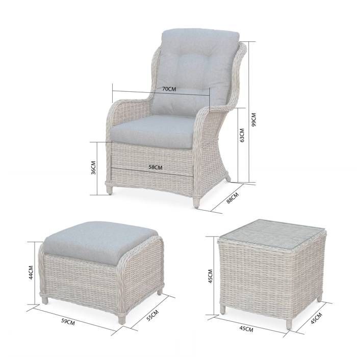 Conjunto de 2 sillones reclinables de resina tejida redondeada con reposapiés y mesa de centro - Gris Barletta - Aspecto de ratán. Cojines.