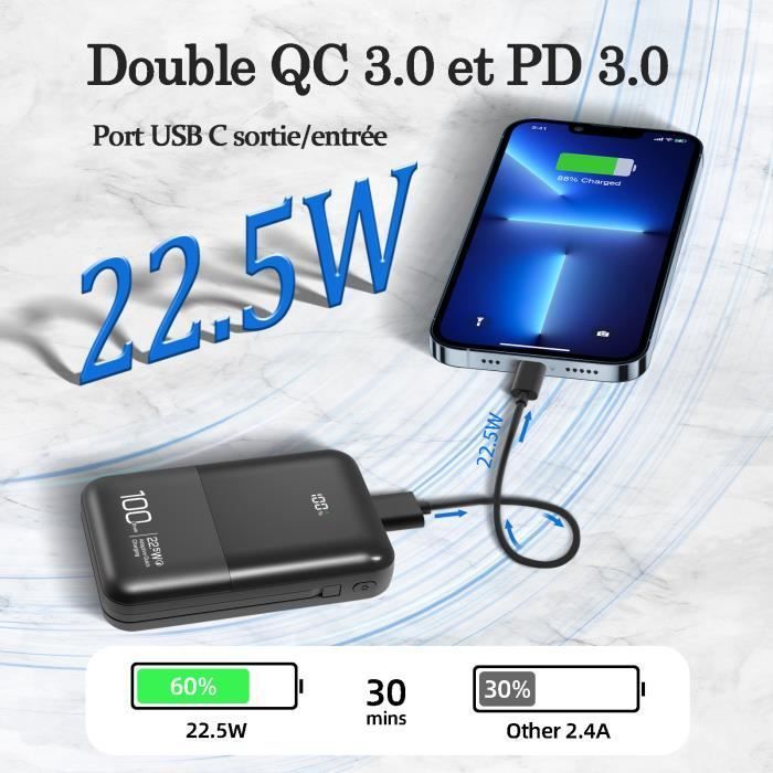 Batería externa negra de 22,5 W, mini power bank de 10000 mAh con cargador rápido, pantalla LCD/cable integrado, salida tipo C.