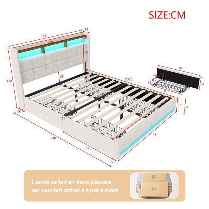 Lit 140x200 cm avec tiroirs, lit double avec tiroirs, chargement USB+Type C, cadre de lit avec sommier à lattes, lit adulte, beige