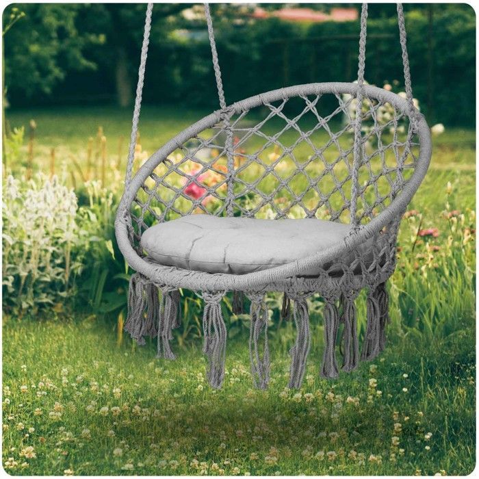 Fauteuil suspendu de jardin - JANSHOP - Style boho - Gris - Coussin inclus - Tressage épais - Structure métallique