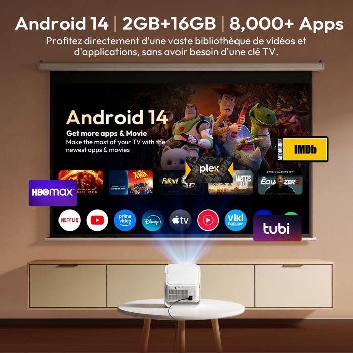 Vidéoprojecteur Support 8K Android 14 Auto Focus/Keystone Smart Projecteur 900ANSI WiFi6 Bluetooth5.4, 1080P Native FHD HDMI/USB