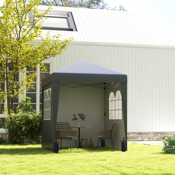 Gazebo de jardim - Outsunny - gazebo dobrável e retrátil para recepção, ajustável, resistente aos raios UV, 3 paredes, 4 bolsas - aço - 2x2m - cinza