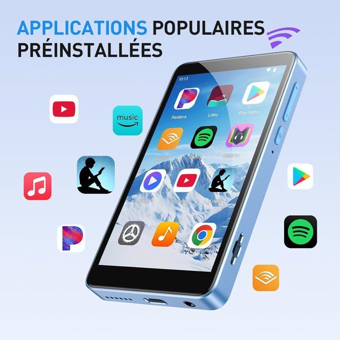 AGPTEK Lettore musicale MP4 da 96 GB con Bluetooth, WiFi e Spotify, Android 14, ampio touchscreen IPS, supporta l'installazione di app.