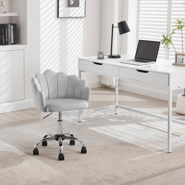 Silla de oficina giratoria WOLTU de terciopelo, silla de vestir con respaldo de pétalos, altura ajustable, gris claro W0ATT0398