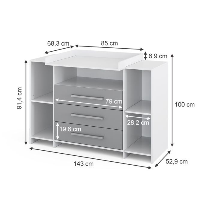 Oskar XL Changing Table 143x100cm with Drawers, White/Grey, Vicco 40349