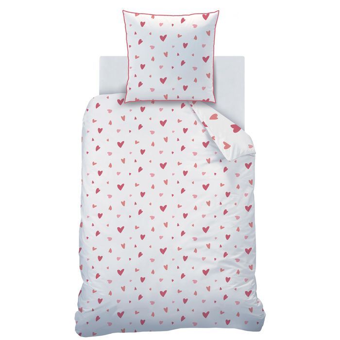 Parure de lit enfant 100% coton - MATT & ROSE - HEART - Blanc/rose - 140x200+63x63cm