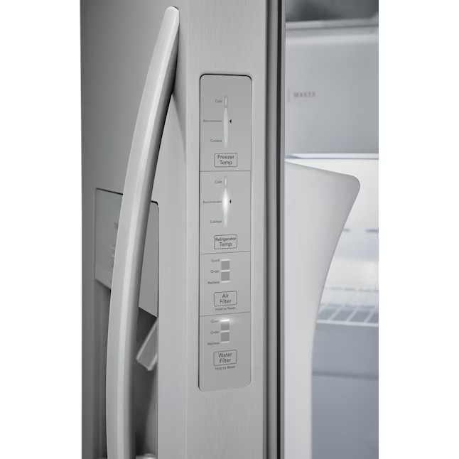 Frigidaire 25,6 kuutiojalan (7,3 litran) rinnakkaisjääkaappi jääpalakoneella (sormenjälkiä hylkivä ruostumaton teräs) ENERGY STAR -sertifioitu