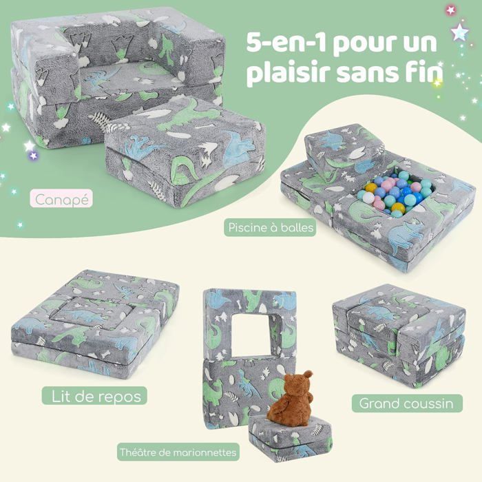 COSTWAY Canapé Enfants Modulaire Phosphorescent avec Coussin, Housse Lavable en Machine, Rembourrage en Mousse Haute Densité