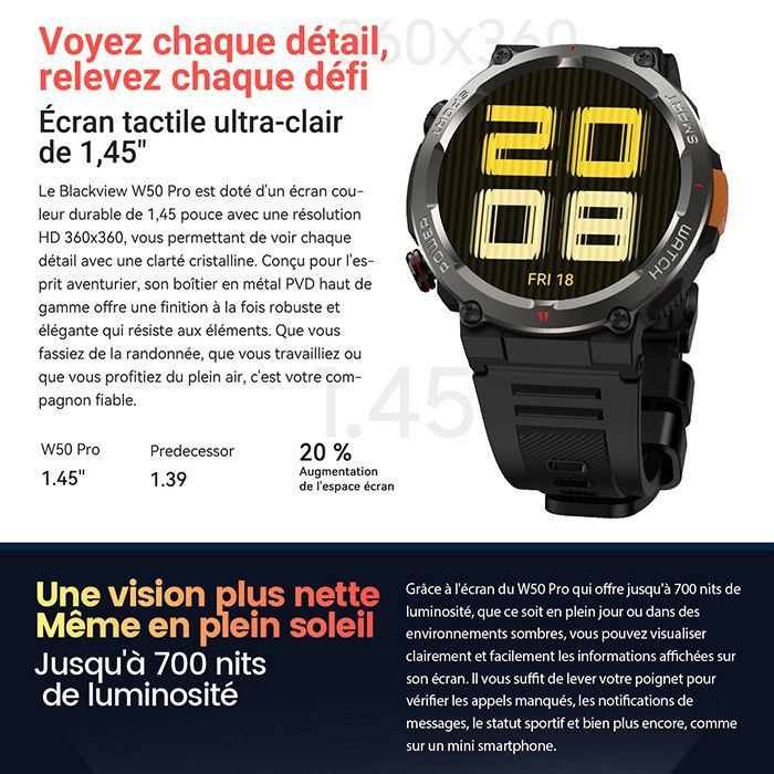 Blackview W50 Pro Montre Connectée 1,45'' Bluetooth 960mAh Étanche 10m Vert - Capteur Cardio & SpO2, 100 modes sport