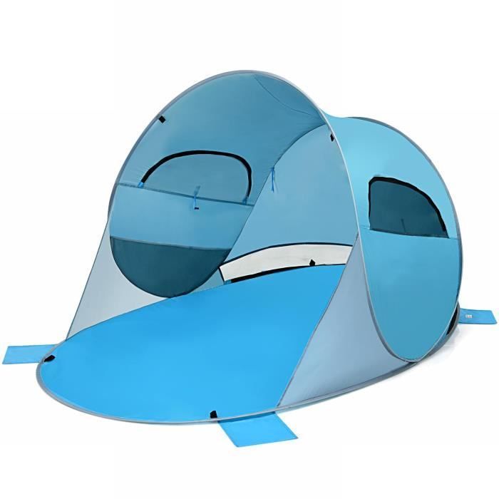 Tienda de playa plegable GYMAX con bolsa de transporte, ventanas, protección solar, capacidad para 3-4 personas, ideal para picnics y viajes, color azul.
