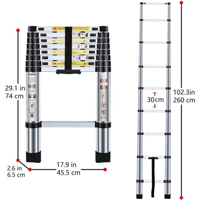 Scala telescopica in acciaio inox BM TOOLS da 2,6 m, portata 150 kg, pieghevole, estensibile, a sezione dritta singola, multifunzionale, fai da te.