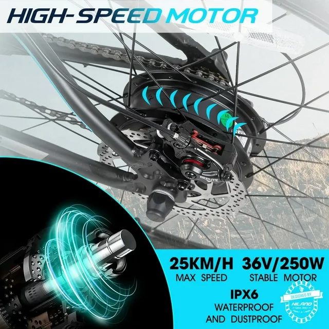 Hiland Rockshark Elcykel El Mountainbike Aluminium 26/27,5 tum 350W 20MPH Vuxen Elcykel Shimano 21-växlad Skivbroms Fjädringsgaffel med 36V 10,4Ah Löstagbart Batteri