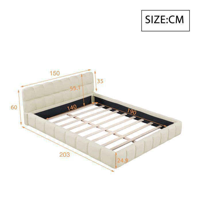 Lit 140 x 190 avec tête de lit et sommier, lit double tapissé lit au sol, cadre de lit 140x190 avec sommier à lattes, lin, beige