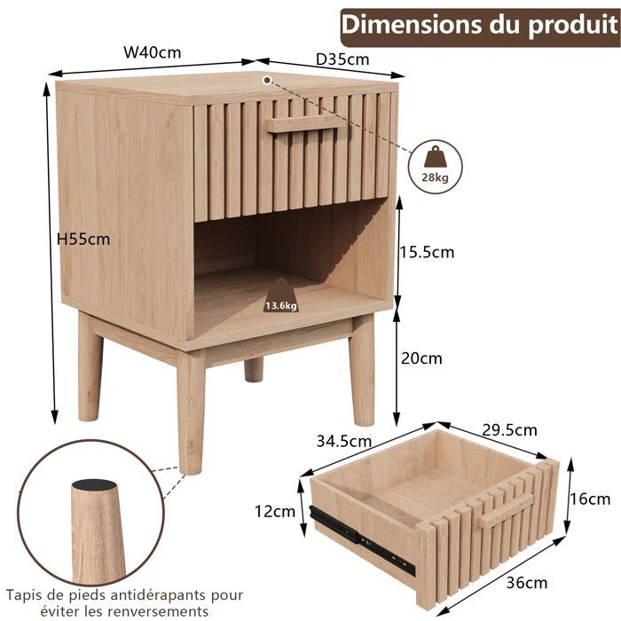 Lot de 2 Tables de Chevet,Table de Chevet avec Tiroirs,Meuble de Chevet,Chevet de Lit avec Pieds de table en bois,Couleur du bois