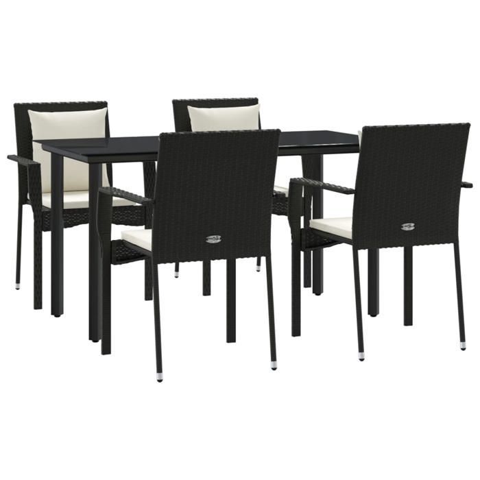 Tuineetset - BURKE - Geweven hars - 5-delig - Zwart - Crème-witte kussens - Tafel 140x70x74 cm