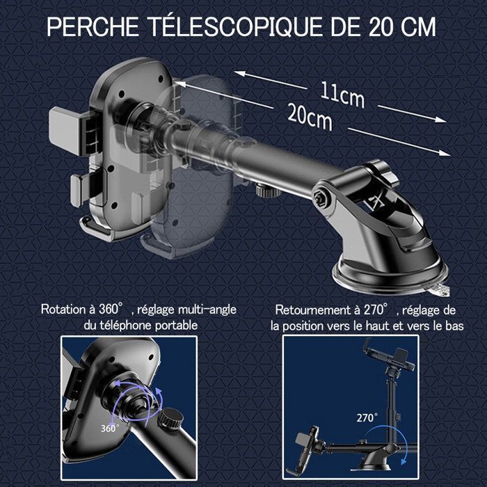 Soporte para teléfono de coche. [2 en 1] Soporte de doble función para parabrisas y rejilla de ventilación, rotación de 360°, libre y retráctil.